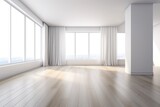 White walls, a dark parquet floor, a large panoramic window, and sunlight fill an empty space. Generative AI