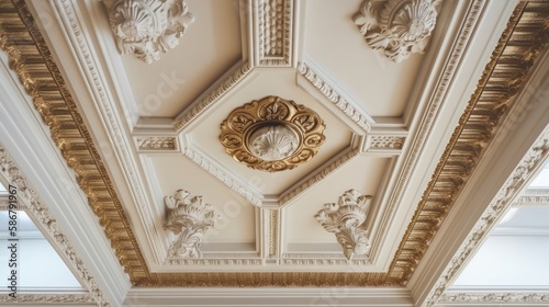close up ceiling moulding detail of luxury house interior style complex of detail home interior concept, image ai generate