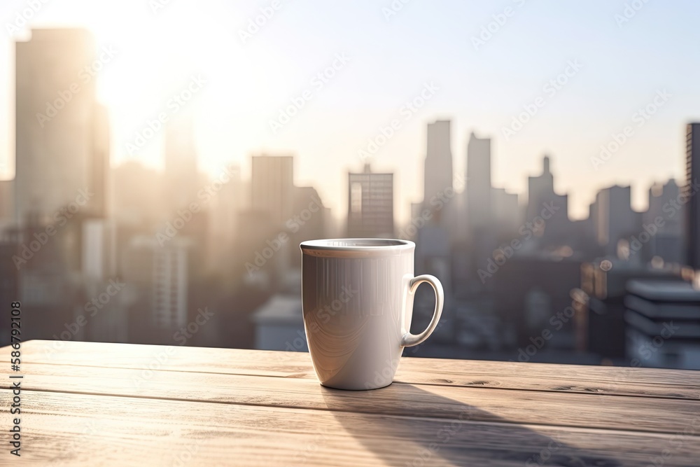 Coffee cup close up on wooden desk with copy space and a blurry cityscape in the backdrop. morning idea. Generative AI