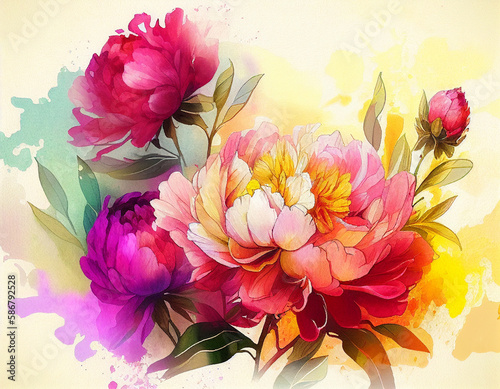 Beautiful flowers - Peony. Watercolor style illustration by Generative Ai.