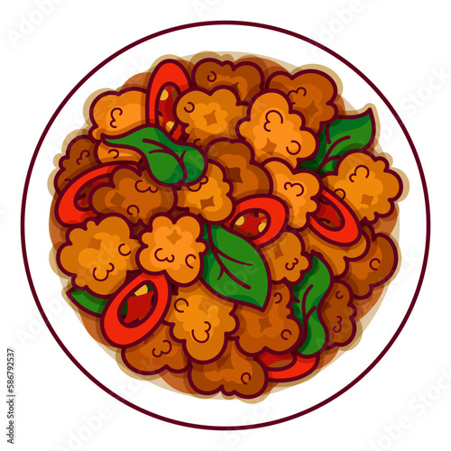 Pork holy basil stir-fry thai food recipe illustration vector. Asian Pad Kra Pao icon top view. Minced pork stir fried with basil (Pad Krapow) top view cartoon. Thai food menu icon top view vector.