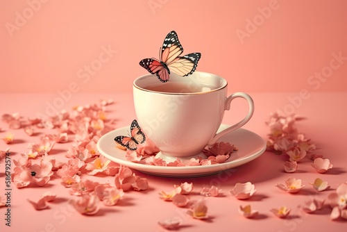 Butterflies flying above vintage cup of tea on pastel pink background. 80s  90s retro aesthetic romantic spring or summer concept. Minimal fashion love idea. Generative AI
