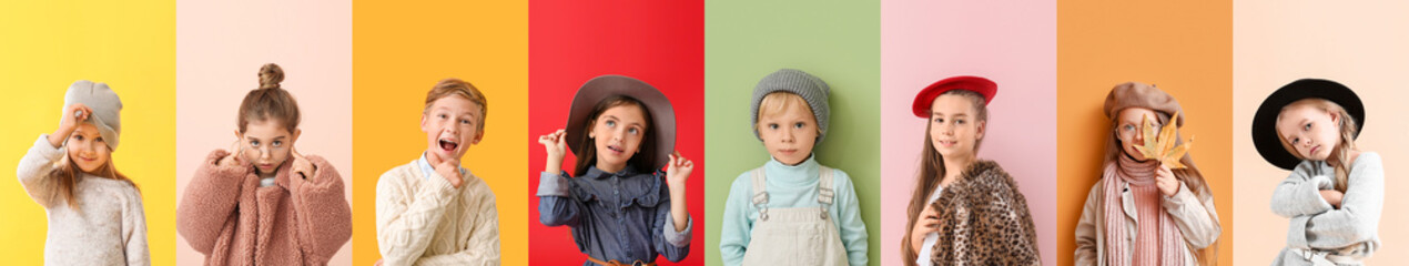 Collage of stylish little children on color background