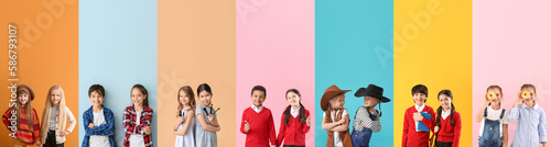 Set of cute little children on color background