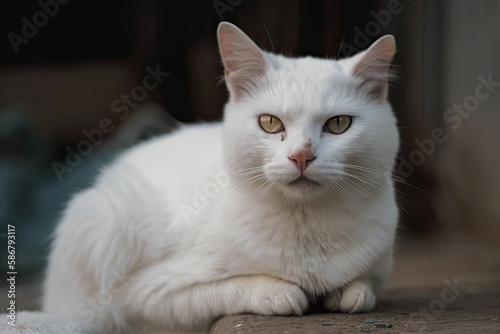 A white cat sits on a low wall. Generative AI © AkuAku