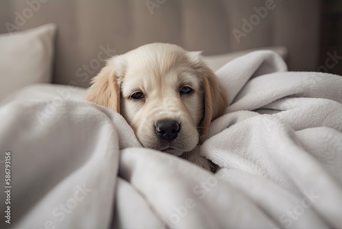 Golden retriever puppy curled up on a bed at home, covered in a white, cozy blanket. from the top down. blank area for text. Generative AI