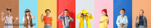 Fényképezés Collage of fashionable little children on color background