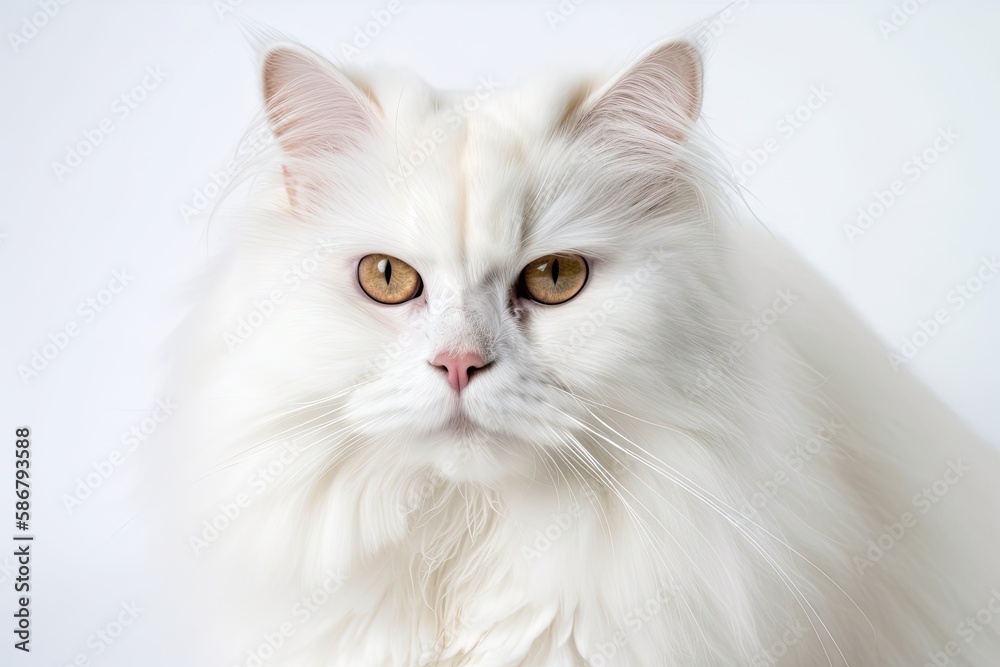 White background, white longhaired cat with long hair, white Persian cat, and white ragdoll cat. Generative AI