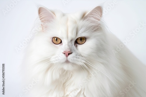 White background, white longhaired cat with long hair, white Persian cat, and white ragdoll cat. Generative AI