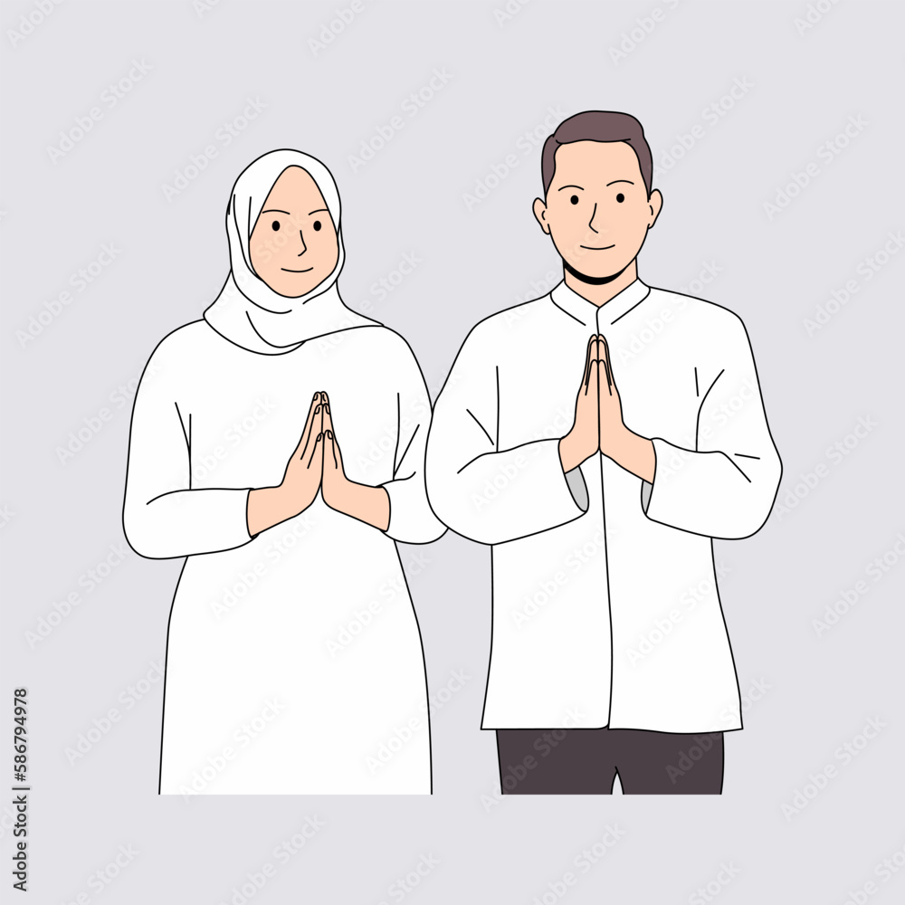 Fototapeta premium People celebrate Eid al-Fitr greeting gesture flat illustration design
