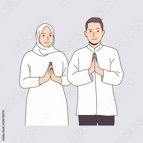 People celebrate Eid al-Fitr greeting gesture flat illustration design