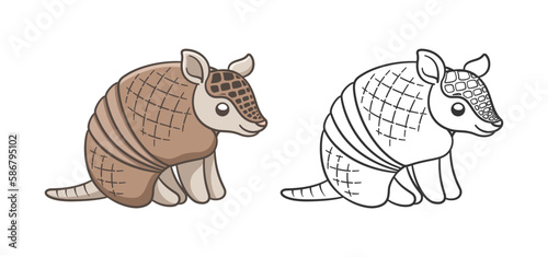 Armadillo sitting and smiling cartoon outline vector illustration simple version. Cute animal character design, coloring book page activity for kids.