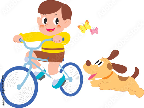 自転車に乗る男の子と犬と蝶
