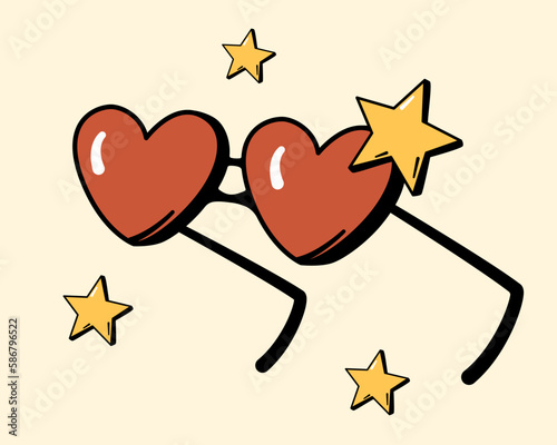 Groovy heart shape sunglasses and stars in 60s 70s retro color palette vector illustration