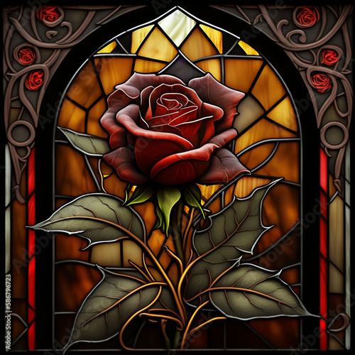 stained glass of a red rose, red rose in a glass, stained glass window with rose, stained glass window with roses
