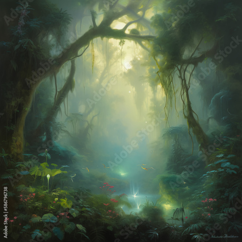 scene with rays of light  misty forest in the morning  forest in the fog  fantasy forest  fantasy scene  background