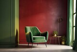 Olive painted walls in the living room with a red accent chair. burgundy and green colors together. a salon's or a room's lounge area. Mockup background for contemporary interior design. Generative AI