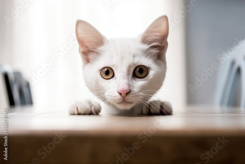 From behind a white table, a young cat peers out with its gaze fixed on the camera. Particularly the ears, the cat's muzzle gleams on the table's polished surface. Generative AI © AkuAku