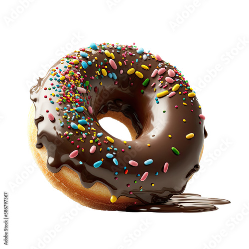 an isolated chocolate frosted donut with sprinkles, 3D rendered, food-themed photorealistic illustration on a transparent background in PNG. Generative AI photo