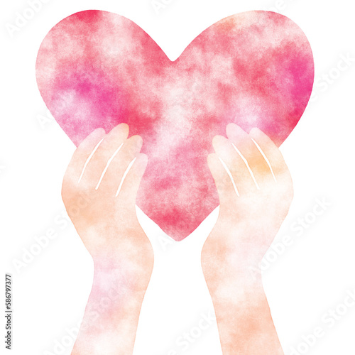 水彩風赤いハートを持つ手