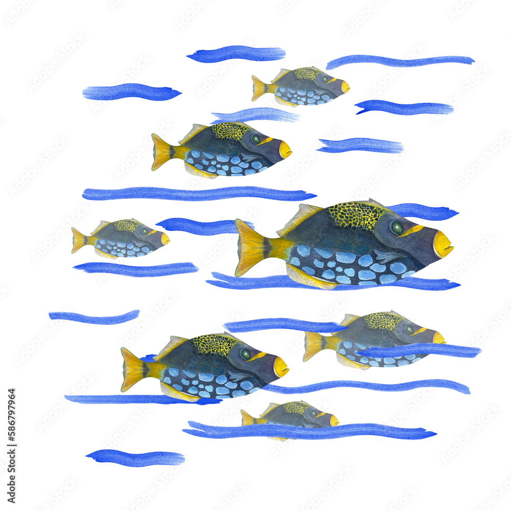 Watercolor illustration of a colored cartoon fishes isolated on transparent background. For print, poster, banner, background, souvenirs, decor, wallpaper, fabric, textile, wrapping.