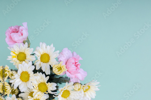 Margaritas blancas y claveles rosa en vista cenital sobre superficie de color  menta para anuncios de florer  a  arreglos florales 
