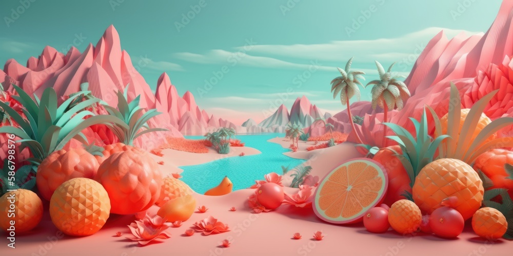 Colorful Summer time background with tropical fruits. generative AI Colorful Summer time background with tropical fruits. generative AI