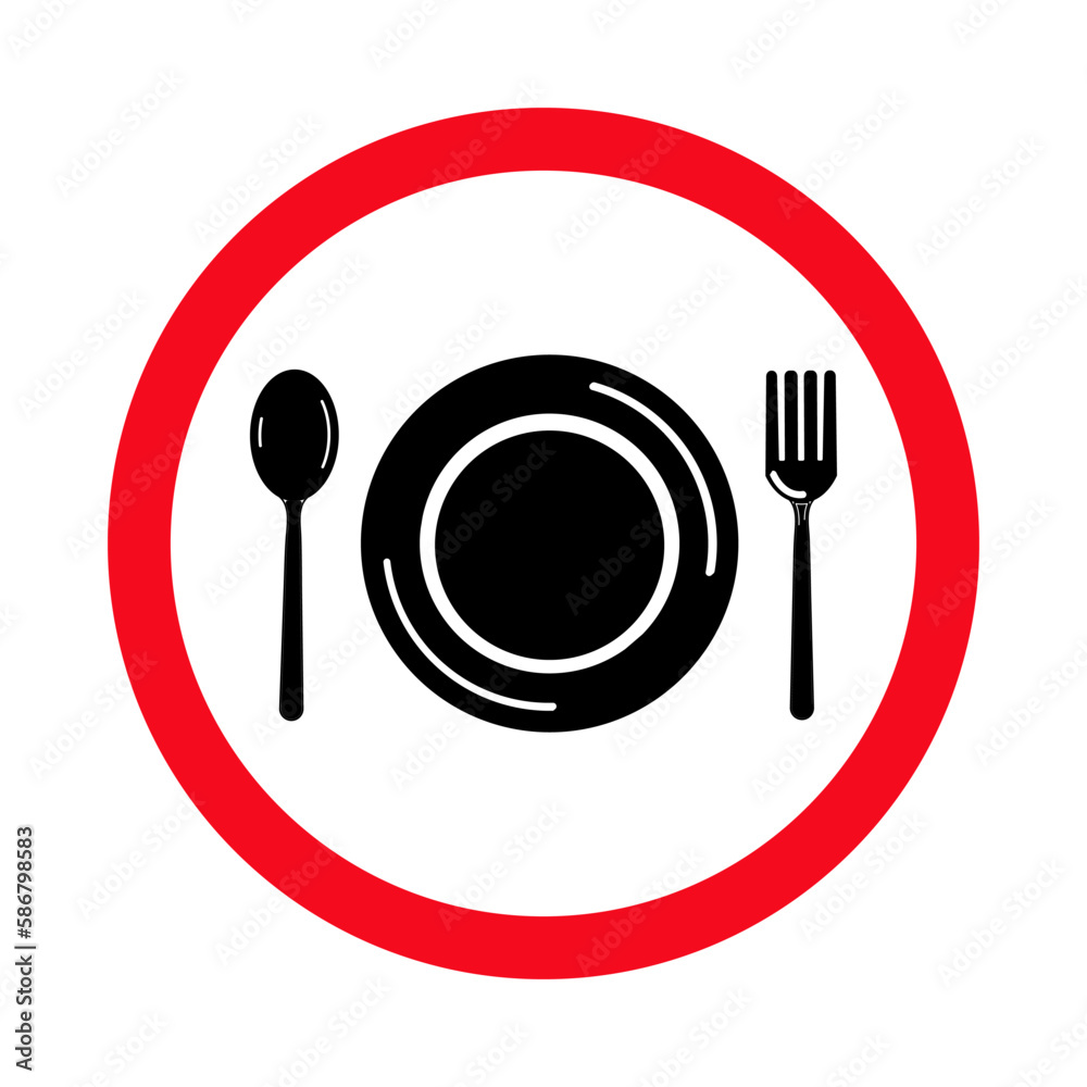 No eating allowed sign. Red prohibition no food sign. Do not eat sign. No eating allowed sign. Red prohibition no food sign. Do not eat sign.