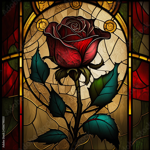 stained glass window with rose, stained glass red rose on black background, stained glass window with roses