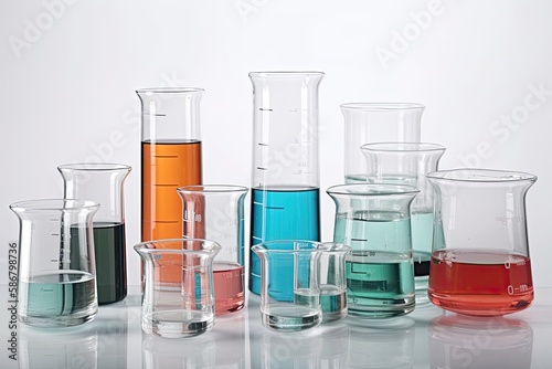 Isolated on a white background, a set of laboratory glassware is filled with colorless liquid. Generative AI