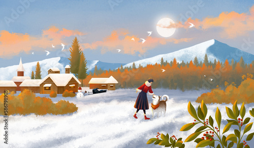 Girls and Alaska dogs in winter.Very warm painting.