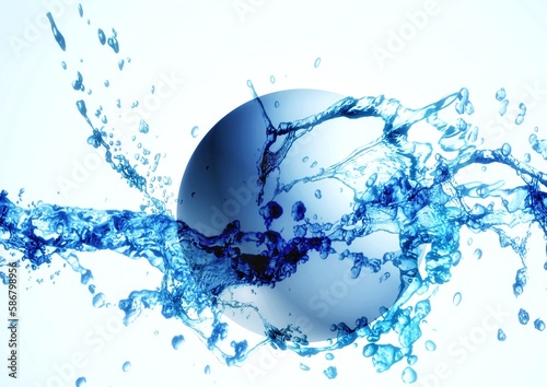 水に浮かぶ青い球体の3dイラスト