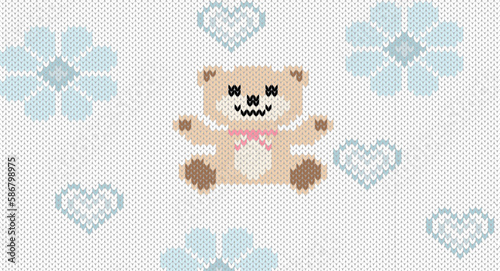 Sweet teddy jacquard and flower knitted seamless pattern, Festive Sweater Design. Seamless Knitted Pattern