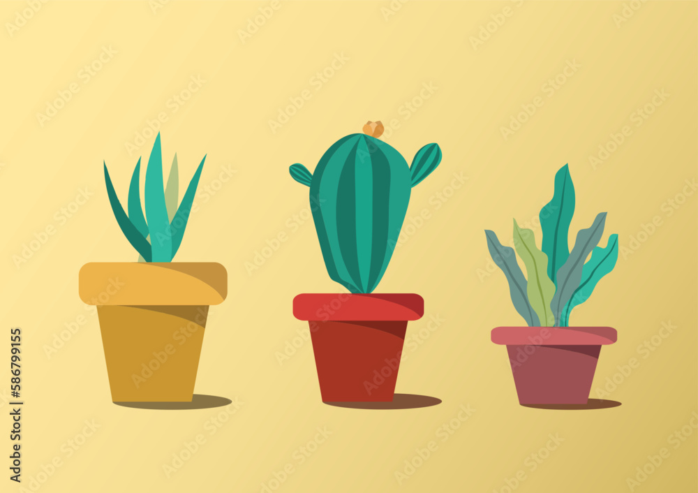 Fototapeta premium Vector set of cactuses in flower pot. Cartoon cacti and aloe.