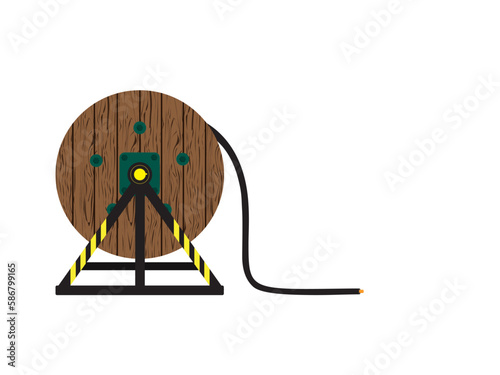 Wooden Coils Of electrical Cable Outdoor. High and low voltage cables on white background.