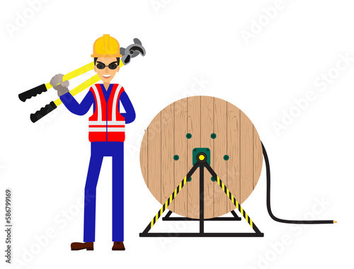 Male electrician preparing to start work. Portrait of electrician in hardhat, holding big wire cutter on shoulder.