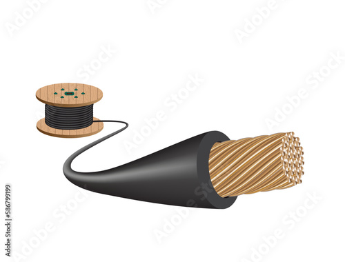Electrical wire on white background. Copper wire is the electric conductor of urban society. Vector realistic illustration.