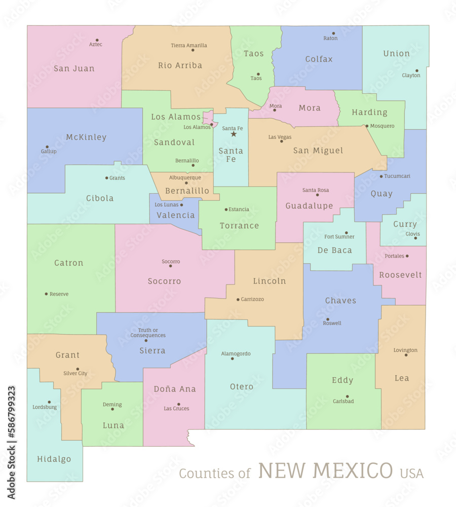 Counties of New Mexico administrative map of USA federal state. Highly detailed color map of New