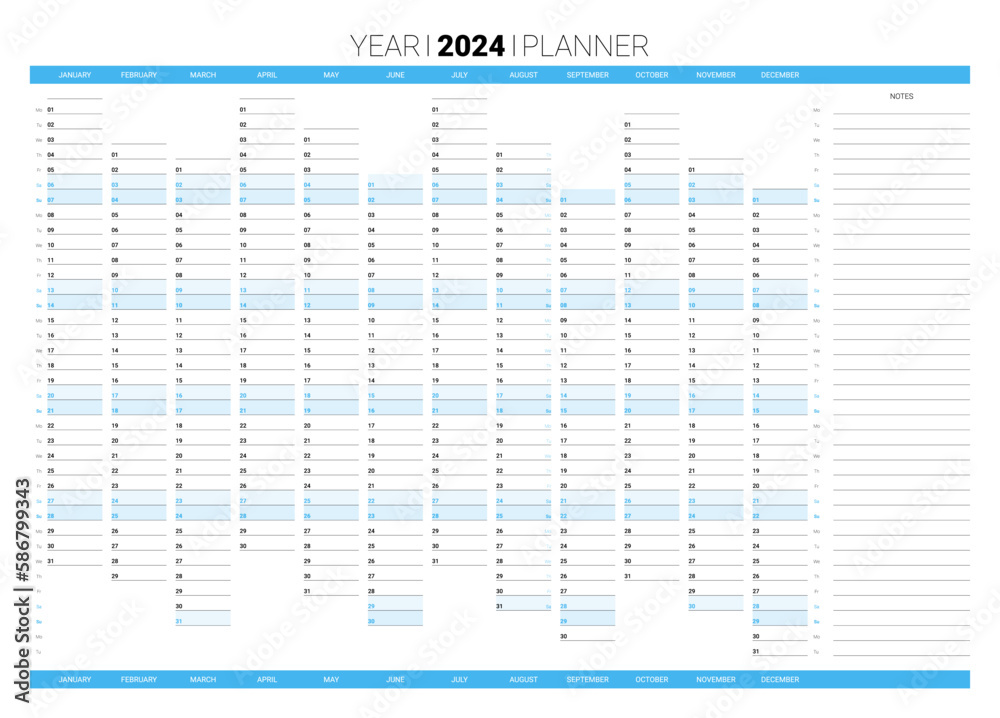 Planner calendar for 2024 year, annual wall printable organizer