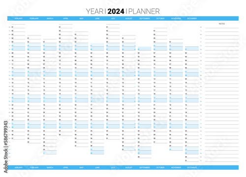 Planner calendar for 2024 year, annual wall printable organizer. Corporate business schedule journal, 12 months set. Wall planner with space for personal notes vector illustration