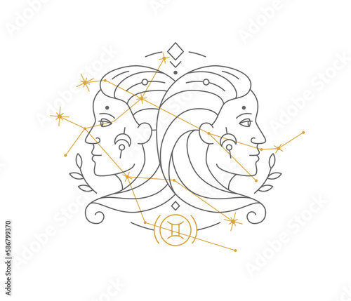 Gemini astrological symbol with Zodiac constellation, connected stars. Twins astrology horoscope sign and stars on white background thin line vector illustration