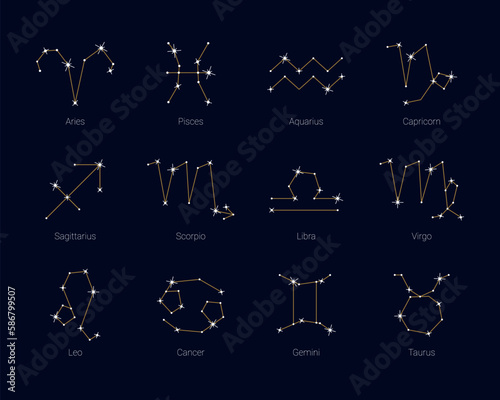 Set of zodiac constellations on night sky background, astrological symbols. 12 constellations of sparkling stars, astrology, horoscope symbols vector illustration