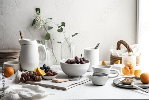 Breakfast with a natural lifestyle theme. White interior composition with food and kitchen utensils on a table with a white tablecloth. Generative AI