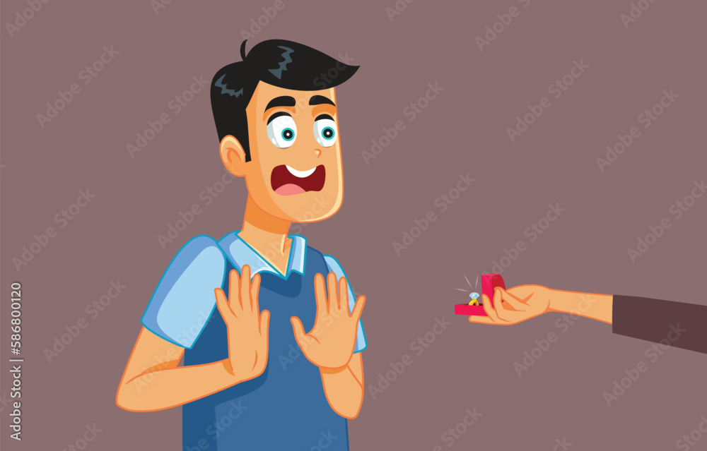 Man Scared of Marriage and Commitment Receiving Proposal Vector Cartoon. Guy refusing engagement ring from her girlfriend 
