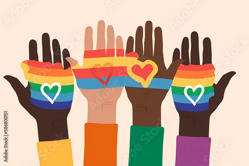 A group of hands with rainbow colored bands and hearts on them. LGBTQ Pride month Generative AI photo
