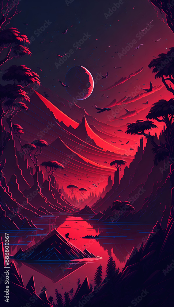 Fantasy world red gradient sunset, floating island, space view comets, jungle, birds, Generative AI