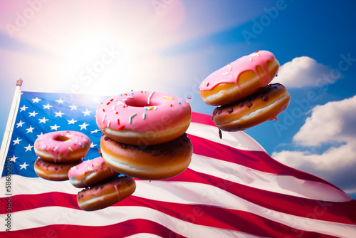 National Donut day A pile of donuts with chocolate flying USA flag Generative AI photo