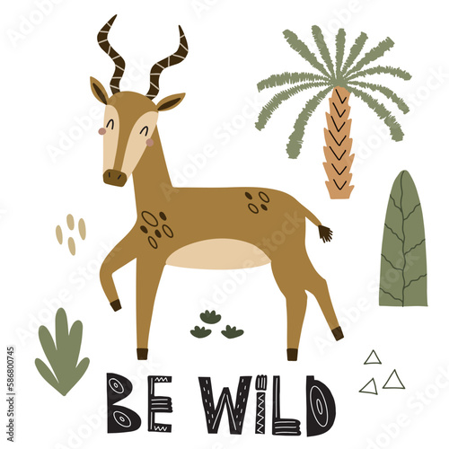 vector illustration of a cute gazelle surrounded by tropical plants, illustration for children