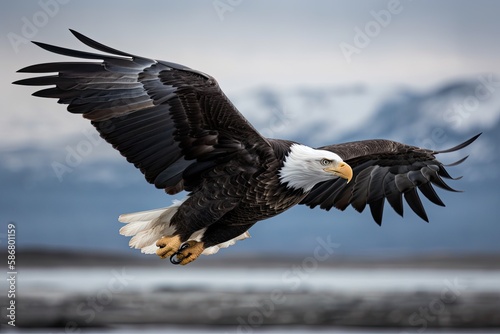 Bald Eagle flying  Homer Alaska. Generative AI