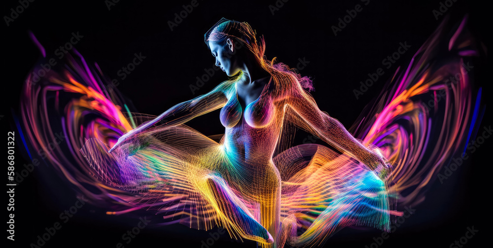 AI-powered holographic dancer in the metaverse, performing on a virtual stage, mesmerizing light patterns, a kaleidoscope of colors, fluid movement, emotion and energy (generative AI) AI-powered holographic dancer in the metaverse, performing on a virtual stage, mesmerizing light patterns, a kaleidoscope of colors, fluid movement, emotion and energy (generative AI)